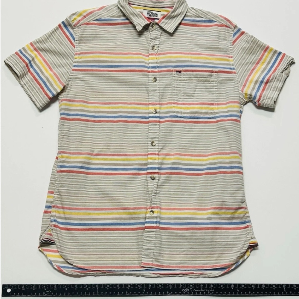 Tommy Hilfiger Button Down Shirt Large Classic Fit Striped Short Sleeve Mens